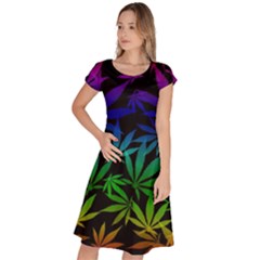 Weed Rainbow, Ganja Leafs Pattern In Colors, 420 Marihujana Theme Classic Short Sleeve Dress by Casemiro