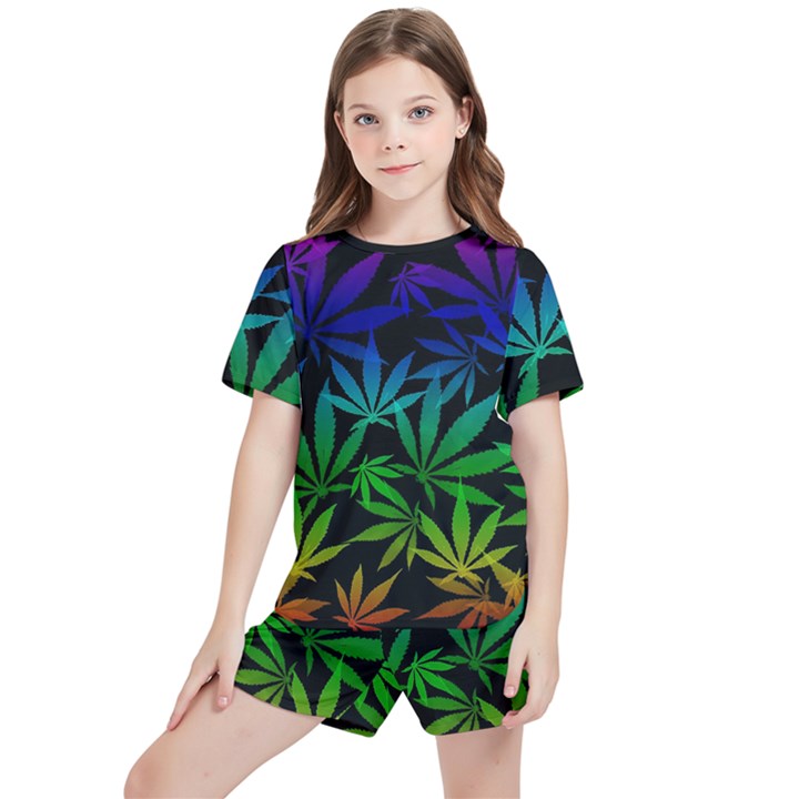 Weed Rainbow, Ganja leafs pattern in colors, 420 marihujana theme Kids  Tee and Sports Shorts Set