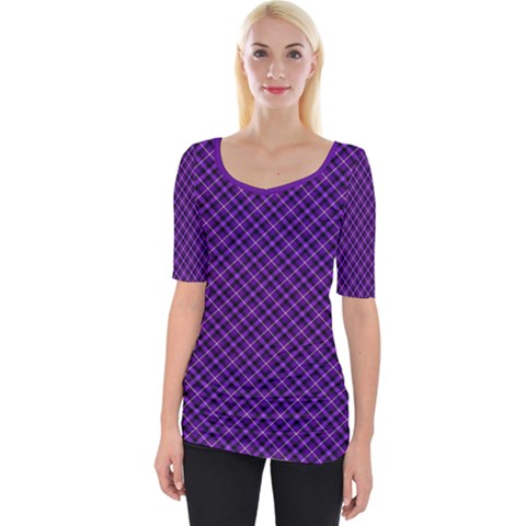 Purple, Black And Yellow Color Plaid, Retro Tartan Pattern Wide Neckline Tee by Casemiro