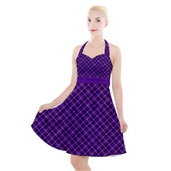 Purple, Black And Yellow Color Plaid, Retro Tartan Pattern Halter Party Swing Dress  by Casemiro