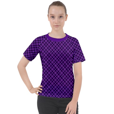 Purple, Black And Yellow Color Plaid, Retro Tartan Pattern Women s Sport Raglan Tee by Casemiro