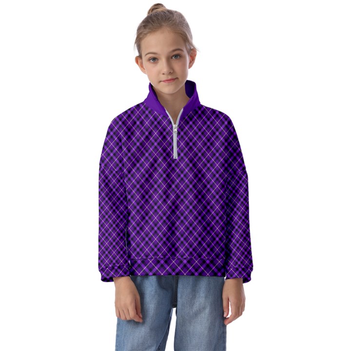 Purple, black and yellow color plaid, retro tartan pattern Kids  Half Zip Hoodie