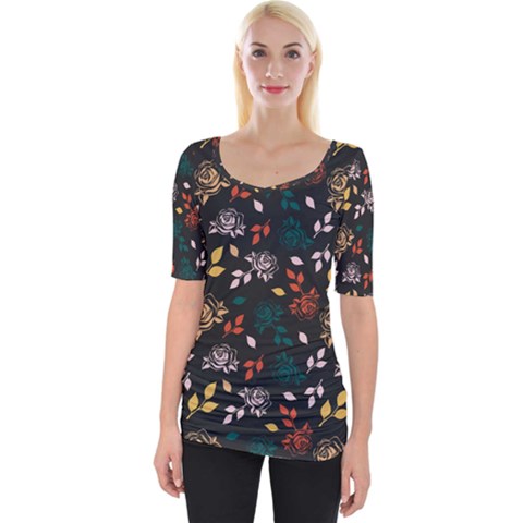 Rose Floral Wide Neckline Tee by tmsartbazaar