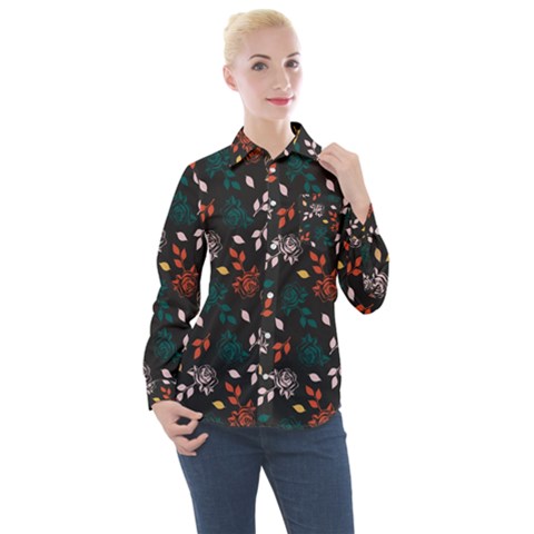 Rose Floral Women s Long Sleeve Pocket Shirt by tmsartbazaar