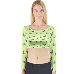 Blue Butterflies At Lemon Yellow, Nature Themed Pattern Long Sleeve Crop Top by Casemiro