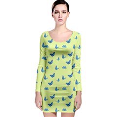 Blue Butterflies At Lemon Yellow, Nature Themed Pattern Long Sleeve Bodycon Dress