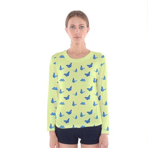 Blue Butterflies At Lemon Yellow, Nature Themed Pattern Women s Long Sleeve Tee by Casemiro