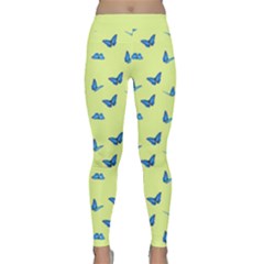 Blue Butterflies At Lemon Yellow, Nature Themed Pattern Classic Yoga Leggings by Casemiro