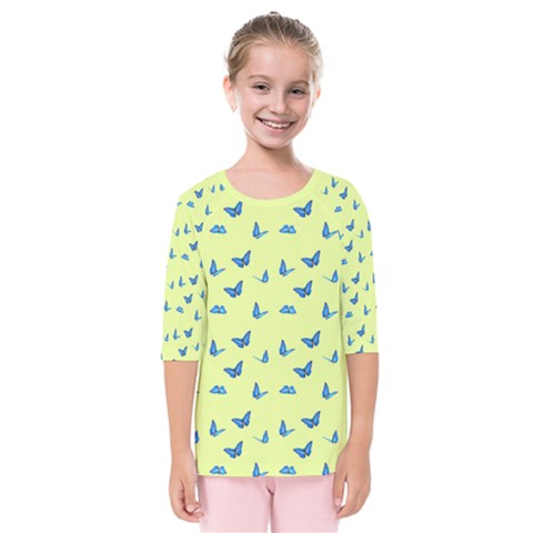 Blue Butterflies At Lemon Yellow, Nature Themed Pattern Kids  Quarter Sleeve Raglan Tee by Casemiro