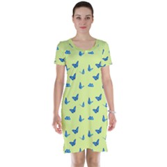 Blue Butterflies At Lemon Yellow, Nature Themed Pattern Short Sleeve Nightdress by Casemiro