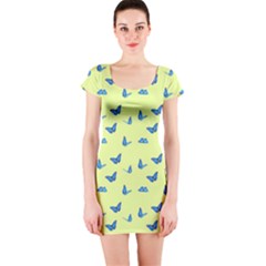 Blue Butterflies At Lemon Yellow, Nature Themed Pattern Short Sleeve Bodycon Dress by Casemiro