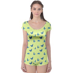 Blue Butterflies At Lemon Yellow, Nature Themed Pattern Boyleg Leotard  by Casemiro