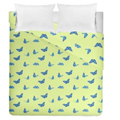 Blue Butterflies At Lemon Yellow, Nature Themed Pattern Duvet Cover Double Side (queen Size) by Casemiro