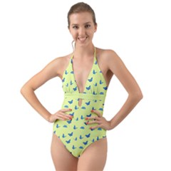 Blue Butterflies At Lemon Yellow, Nature Themed Pattern Halter Cut-out One Piece Swimsuit by Casemiro