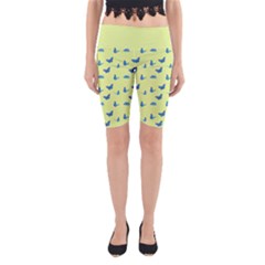 Blue Butterflies At Lemon Yellow, Nature Themed Pattern Yoga Cropped Leggings by Casemiro