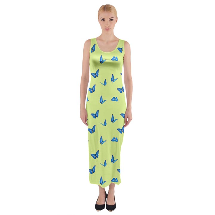 Blue butterflies at lemon yellow, nature themed pattern Fitted Maxi Dress