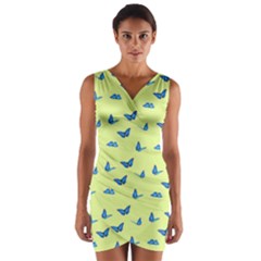 Blue Butterflies At Lemon Yellow, Nature Themed Pattern Wrap Front Bodycon Dress by Casemiro