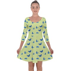 Blue Butterflies At Lemon Yellow, Nature Themed Pattern Quarter Sleeve Skater Dress by Casemiro