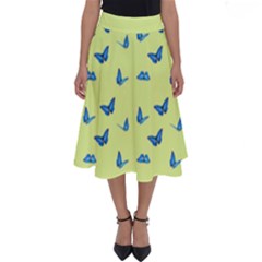 Blue Butterflies At Lemon Yellow, Nature Themed Pattern Perfect Length Midi Skirt by Casemiro