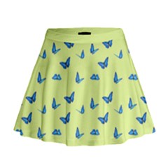 Blue Butterflies At Lemon Yellow, Nature Themed Pattern Mini Flare Skirt by Casemiro