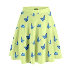 Blue Butterflies At Lemon Yellow, Nature Themed Pattern High Waist Skirt by Casemiro