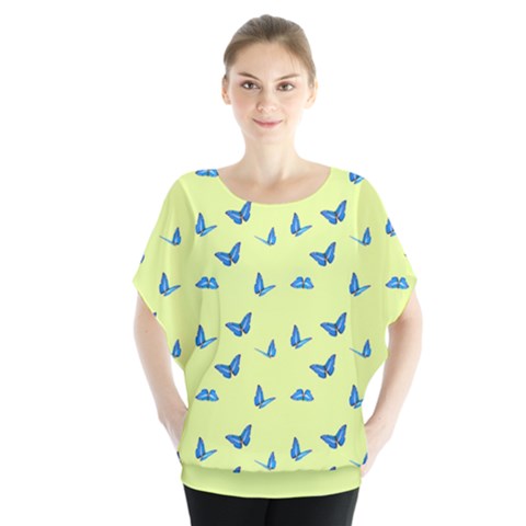 Blue Butterflies At Lemon Yellow, Nature Themed Pattern Batwing Chiffon Blouse by Casemiro