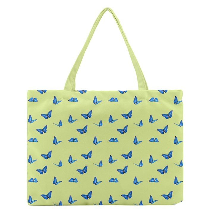 Blue butterflies at lemon yellow, nature themed pattern Zipper Medium Tote Bag