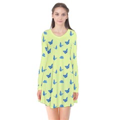 Blue Butterflies At Lemon Yellow, Nature Themed Pattern Long Sleeve V-neck Flare Dress by Casemiro