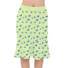 Blue Butterflies At Lemon Yellow, Nature Themed Pattern Short Mermaid Skirt by Casemiro