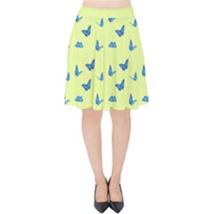 Blue Butterflies At Lemon Yellow, Nature Themed Pattern Velvet High Waist Skirt by Casemiro