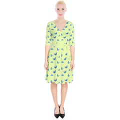 Blue Butterflies At Lemon Yellow, Nature Themed Pattern Wrap Up Cocktail Dress by Casemiro