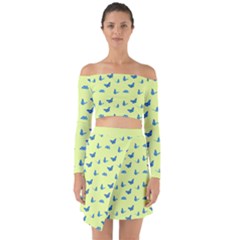 Blue Butterflies At Lemon Yellow, Nature Themed Pattern Off Shoulder Top With Skirt Set by Casemiro