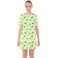 Blue Butterflies At Lemon Yellow, Nature Themed Pattern Sixties Short Sleeve Mini Dress by Casemiro