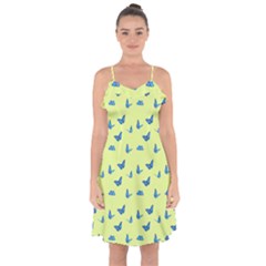 Blue Butterflies At Lemon Yellow, Nature Themed Pattern Ruffle Detail Chiffon Dress by Casemiro