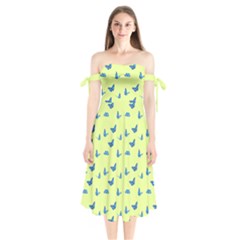 Blue Butterflies At Lemon Yellow, Nature Themed Pattern Shoulder Tie Bardot Midi Dress by Casemiro