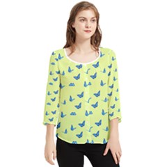 Blue Butterflies At Lemon Yellow, Nature Themed Pattern Chiffon Quarter Sleeve Blouse by Casemiro