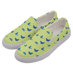 Blue Butterflies At Lemon Yellow, Nature Themed Pattern Men s Canvas Slip Ons by Casemiro