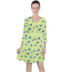 Blue Butterflies At Lemon Yellow, Nature Themed Pattern Quarter Sleeve Ruffle Waist Dress by Casemiro