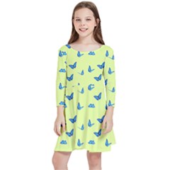 Blue Butterflies At Lemon Yellow, Nature Themed Pattern Kids  Quarter Sleeve Skater Dress by Casemiro