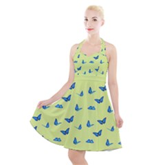 Blue Butterflies At Lemon Yellow, Nature Themed Pattern Halter Party Swing Dress 