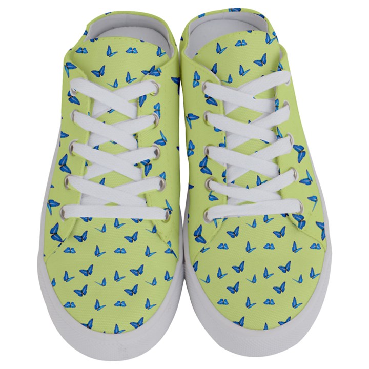 Blue butterflies at lemon yellow, nature themed pattern Half Slippers