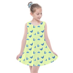 Blue Butterflies At Lemon Yellow, Nature Themed Pattern Kids  Summer Dress by Casemiro