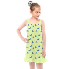 Blue Butterflies At Lemon Yellow, Nature Themed Pattern Kids  Overall Dress by Casemiro