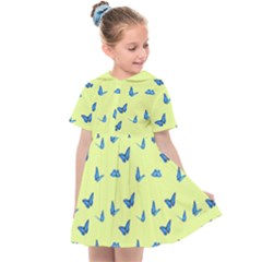 Blue Butterflies At Lemon Yellow, Nature Themed Pattern Kids  Sailor Dress