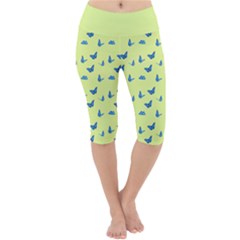 Blue Butterflies At Lemon Yellow, Nature Themed Pattern Lightweight Velour Cropped Yoga Leggings by Casemiro