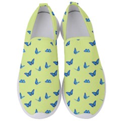 Blue Butterflies At Lemon Yellow, Nature Themed Pattern Men s Slip On Sneakers by Casemiro