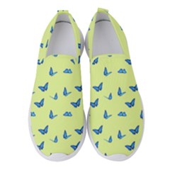 Blue Butterflies At Lemon Yellow, Nature Themed Pattern Women s Slip On Sneakers by Casemiro