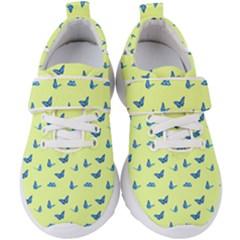 Blue Butterflies At Lemon Yellow, Nature Themed Pattern Kids  Velcro Strap Shoes by Casemiro