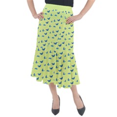 Blue Butterflies At Lemon Yellow, Nature Themed Pattern Midi Mermaid Skirt by Casemiro