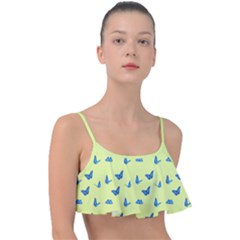 Blue Butterflies At Lemon Yellow, Nature Themed Pattern Frill Bikini Top by Casemiro